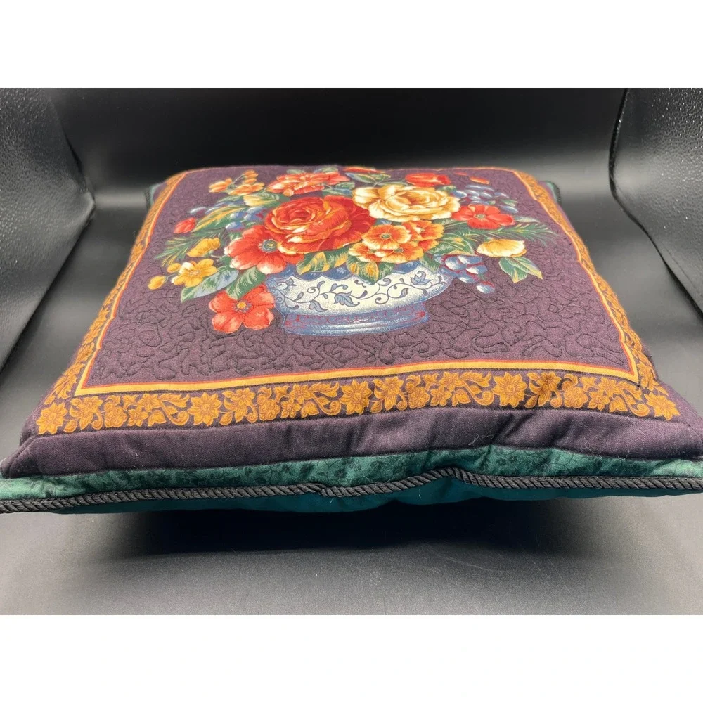 Quilted Floral Still Life Throw Pillows Set of 2 Plum Green 13x13 Vtg Corded